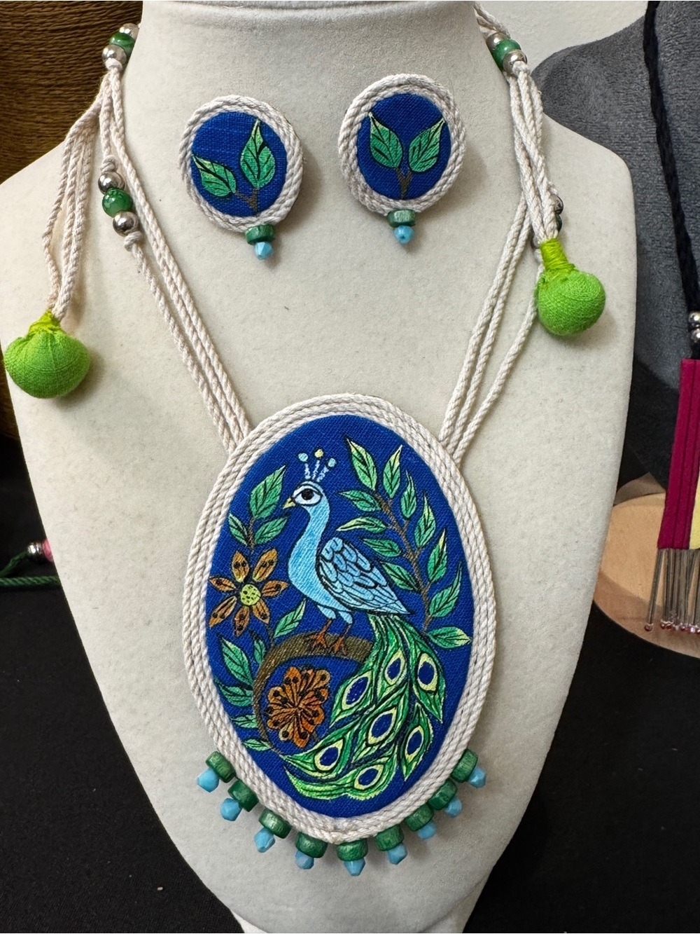 Handcrafted Blue & Green Peacock Embroidered Necklace Set